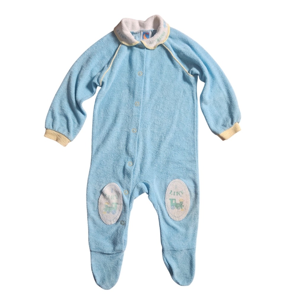 Vintage Carter's Baby Boys Terry Cloth Footed Sleeper Train Knee Patches L Retro